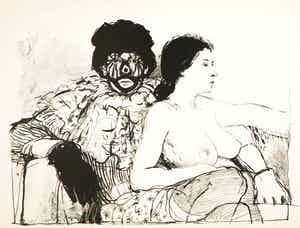 Aat Veldhoen - Rotaprint, Clown met naakte vrouw verkocht voor € 50!