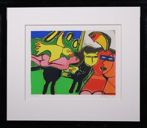 Corneille - Zeefdruk, Femme orange et chat jaune - Ingelijst kopen? Bied vanaf 200!