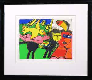 Corneille - Zeefdruk, Femme orange et chat jaune - Ingelijst verkocht voor € 200!