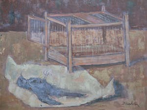 Jan Linschooten - Dood vogeltje naast open kooi - Olieverf op board kopen? Bied vanaf 90!
