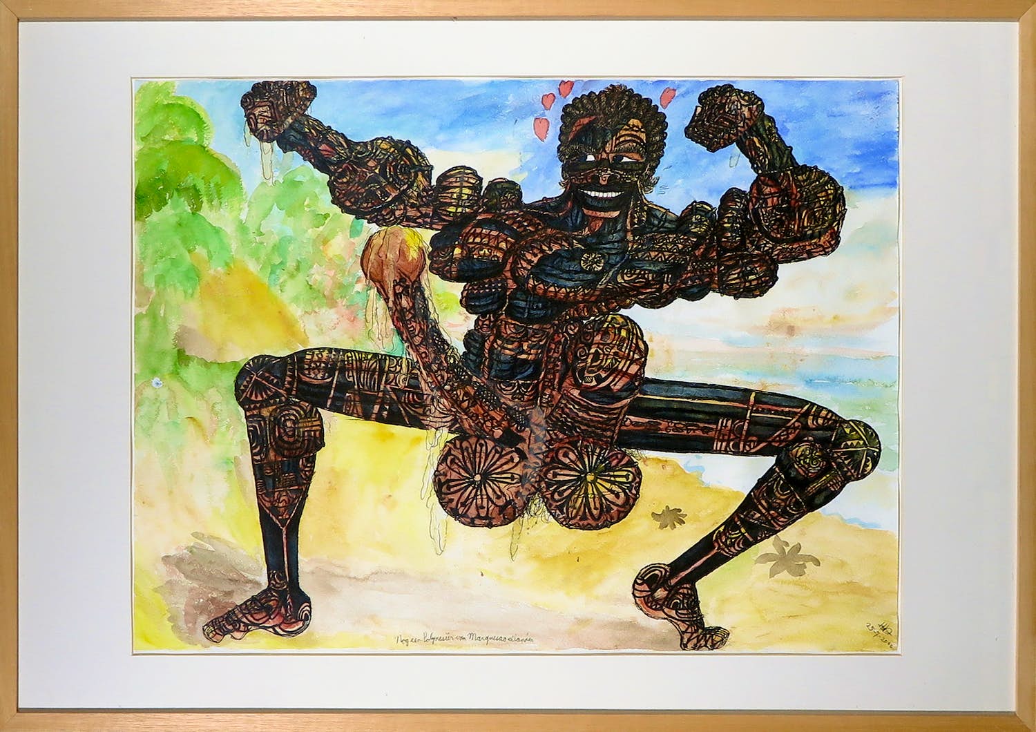 Hein Dingemans - Gemengde techniek op papier, Polynesiër - Ingelijst verkocht voor € 70!