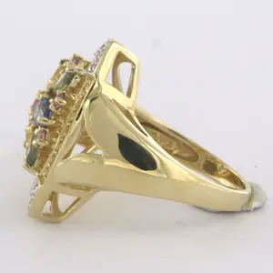 14k gouden ring met verschillende kleuren saffier en single cut diamant 0.03ct kopen? Bied vanaf 290!