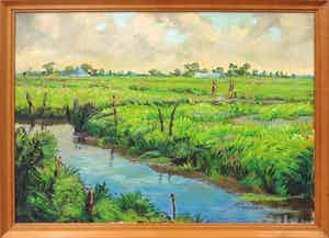 Jan Dekker - Olieverf op doek, Noord-Hollandse polder - Ingelijst verkocht voor € 80!