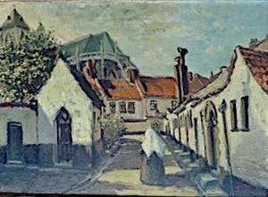 Niet of onleesbaar gesigneerd - Stadszicht - Hofje Bakenesserkamer/St BAVO -Gesigneerd - Fraaie vergulden lijst! kopen? Bied vanaf 10!