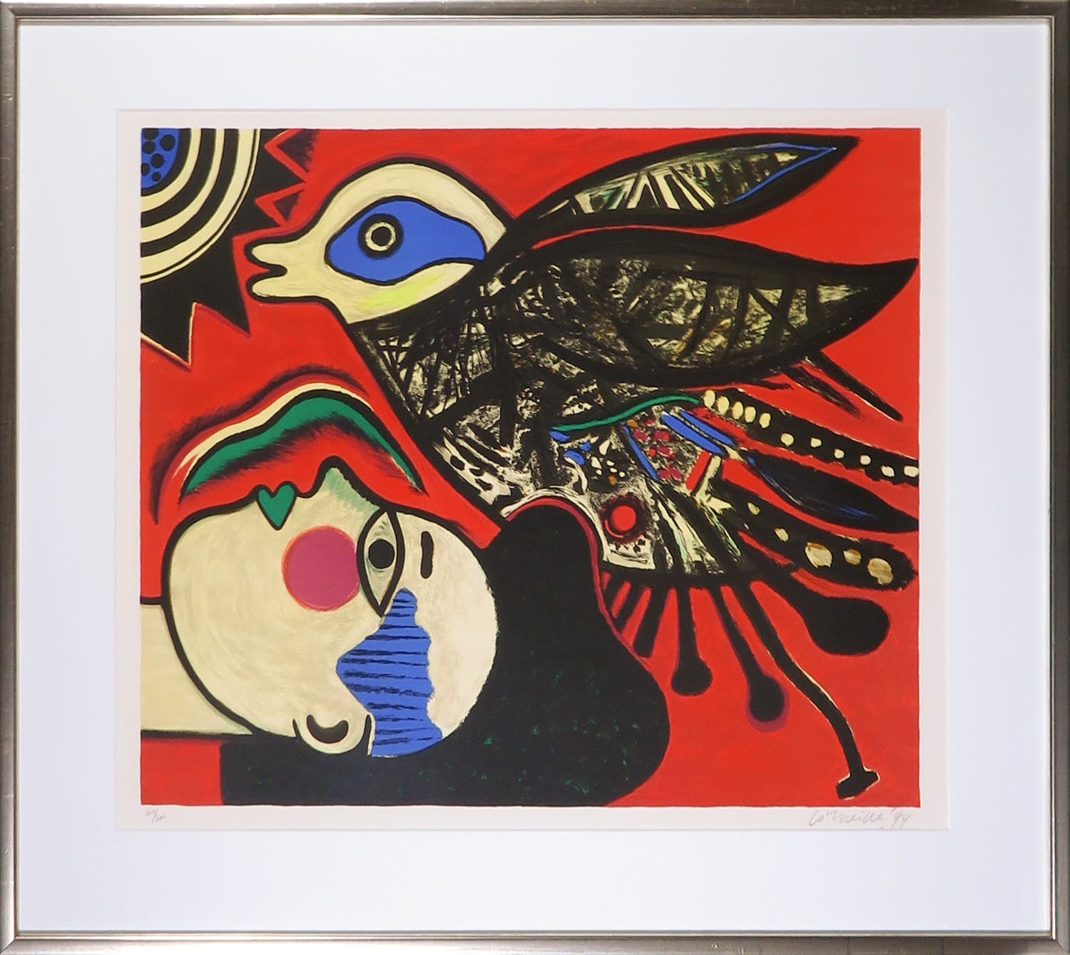 Corneille - Zeefdruk, Vrouw met vogel - Ingelijst verkocht voor € 250!