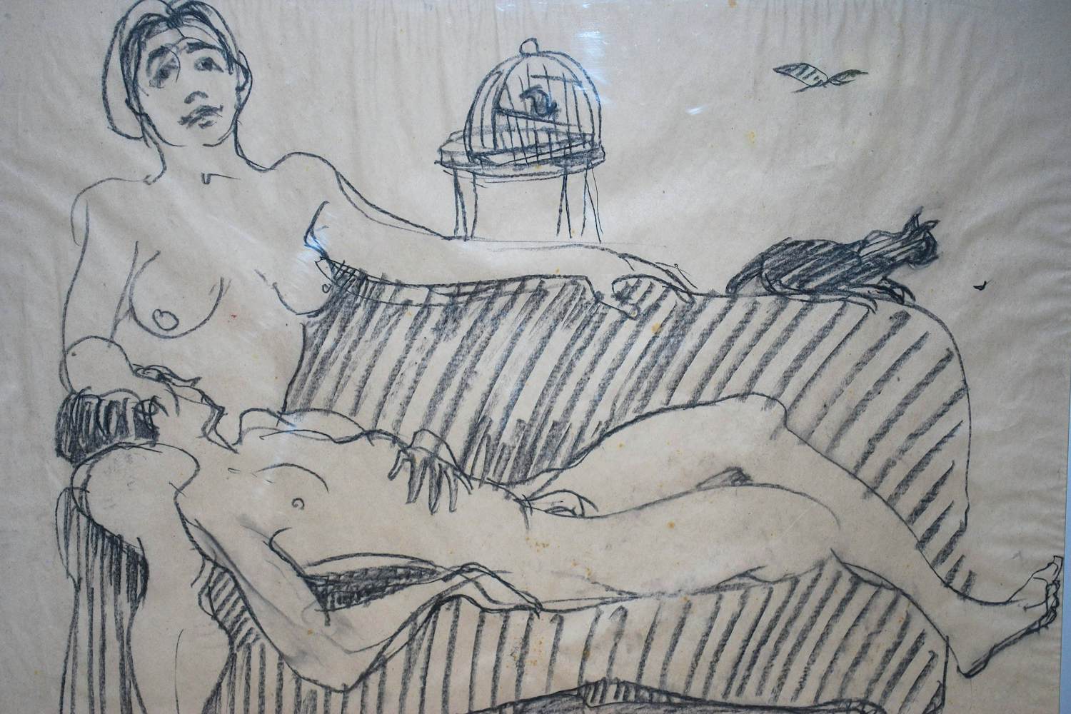 Rob Aussen - 2 naakten op een bank - grote ingelijste tekening verkocht voor € 65!