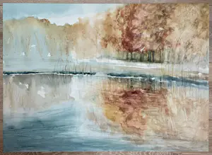 Ine van Heerde - Grote aquarel, Landschap met reflectie in het water kopen? Bied vanaf 35!