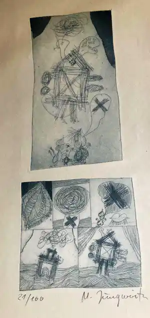 Martha Jungwirth - Das Haus des Nikolaus Ungewöhnliche Radierungen auf Velin um 1970 kaufen? Bieten Sie von 1790!