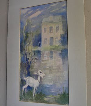 Harrie van Rosmalen - Aquarel - Geitje bij wit huis in landschap aan plas kopen? Bied vanaf 40!