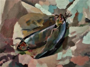 Niet of onleesbaar gesigneerd - Mooi expressionistisch olieverf "stilleven - Vissen op tafel " gesigneerd kopen? Bied vanaf 10!