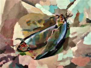 Niet of onleesbaar gesigneerd - Mooi expressionistisch olieverf "stilleven - Vissen op tafel " gesigneerd verkocht voor € 10!