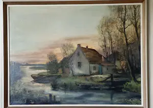 AcheterCornelis de Bruin - Charmant schilderij: Boerderij aan rivier, bootje, blauwe deur? Enchérissez de 199!