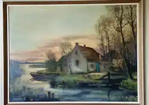 AcheterCornelis de Bruin - Charmant schilderij: Boerderij aan rivier, bootje, blauwe deur? Enchérissez de 199!