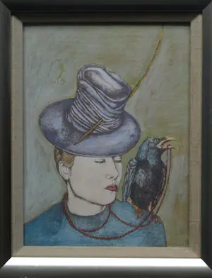 AcheterHenny van Diest - Ingelijst, Gemengde techniek, Vrouw met kraai – Lijst, 42 x 35 cm? Enchérissez de 80!