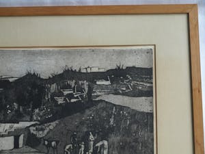 Ber Mengels - Ingelijste ets, Mediterraan mijnlandschap - 1963 kopen? Bied vanaf 35!