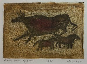 Han van Hagen - Dubbele kleurets/aquatint met koeien | Grottekening & Melkunie prent kopen? Bied vanaf 49!