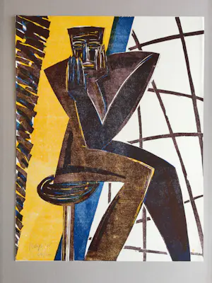 Yvan Theys - ‘Zittende figuur’ - houtsnede - 1986 kopen? Bied vanaf 75!