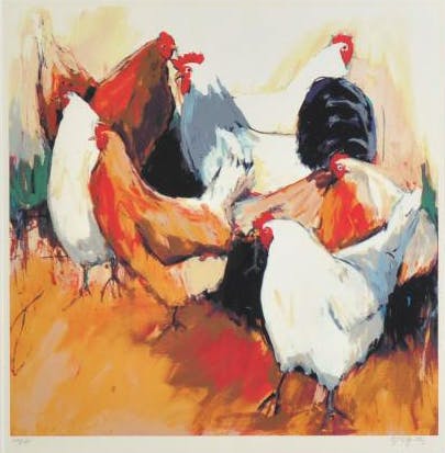 Gerda Elfring - Kleurenzeefdruk KIPPEN Handgesigneerd verkocht voor € 85!