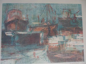 Jan Velthuis - Kleurenhoutsnede – Havengezicht - Ingelijst - 66 x 51 cm kopen? Bied vanaf 35!
