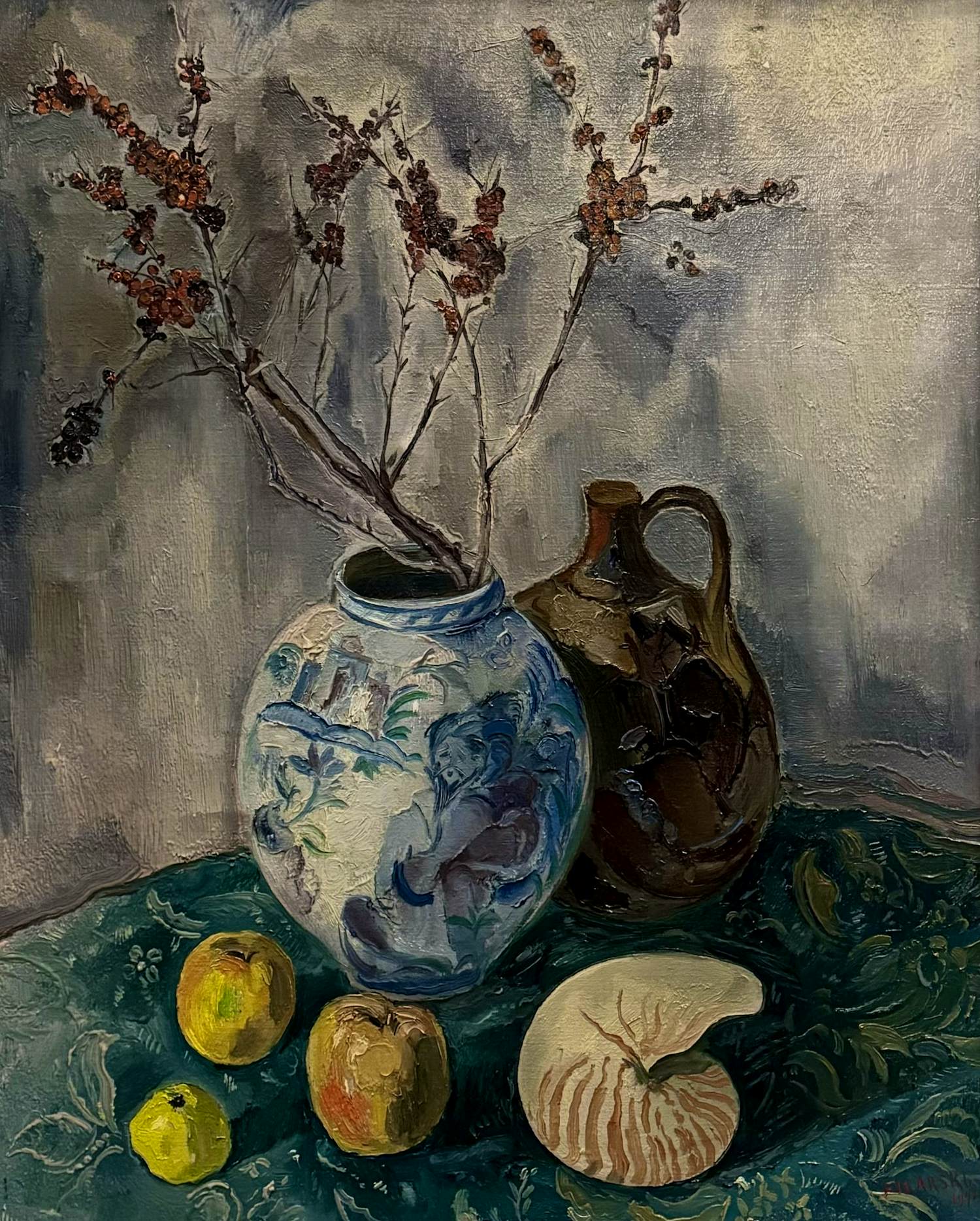 Dirk Filarski - Ingelijste olieverf: Stilleven met appels, Chinese vaas... - 1942 verkocht voor € 1250!