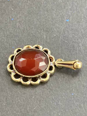 14 karaats geelgouden hanger bezet met een ovaal gefacetteerd geslepen carneool kopen? Bied vanaf 60!