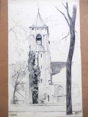Johan Christiaan Kerkmeijer - Kerk in Aagtekerke - Tekening verkocht voor € 45!