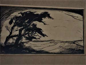 Niet of onleesbaar gesigneerd - Verstilde Hout/Linosnede met Hokusai voorstelling van boom in landschap kopen? Bied vanaf 10!