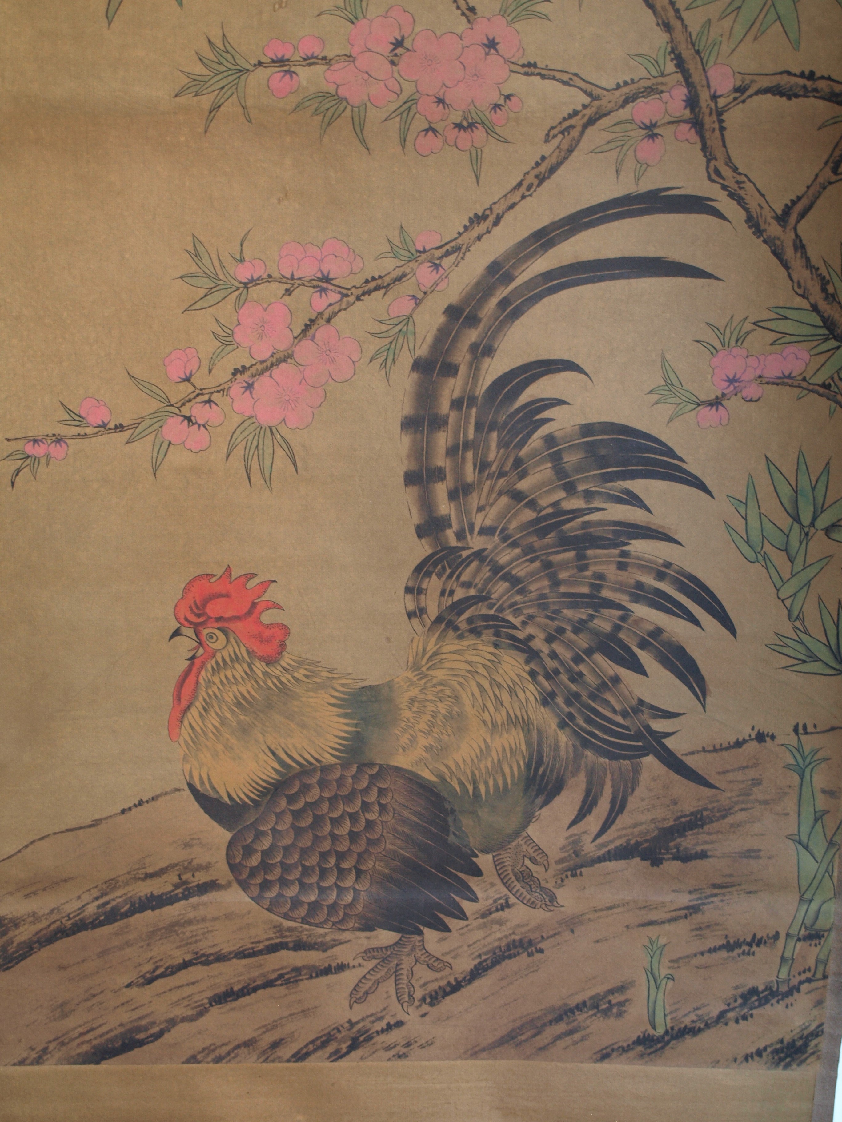 Niet of onleesbaar gesigneerd - Haan en Bloesem - Aquarelverf en inkt op papier, opgerold op houten stok kopen? Bied vanaf 1!