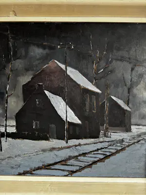 John ter Reehorst - Huizen langs Spoorlijn in Winters Landschap kopen? Bied vanaf 50!
