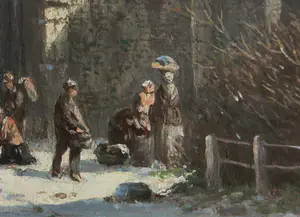 Adrianus Eversen - Olieverf op paneel, Winterse straatscène - Ingelijst kopen? Bied vanaf 5000!