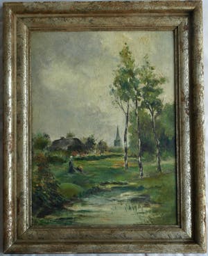 Niet of onleesbaar gesigneerd - Olieverf op paneel , Landschap met vrouw – ingelijst - oud kopen? Bied vanaf 1!