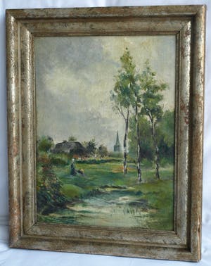 Niet of onleesbaar gesigneerd - Olieverf op paneel , Landschap met vrouw – ingelijst - oud kopen? Bied vanaf 1!