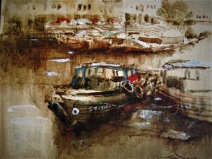 Niet of onleesbaar gesigneerd - gesigneerde jaren 50 Aquarel "vissersboten in Haven Stavoren Friesland" kopen? Bied vanaf 10!