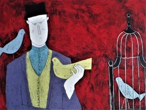 Annora Spence - Groot Litho van bekende Britse Grafica "Man with Bird cage" fraai ingelijst! kopen? Bied vanaf 10!