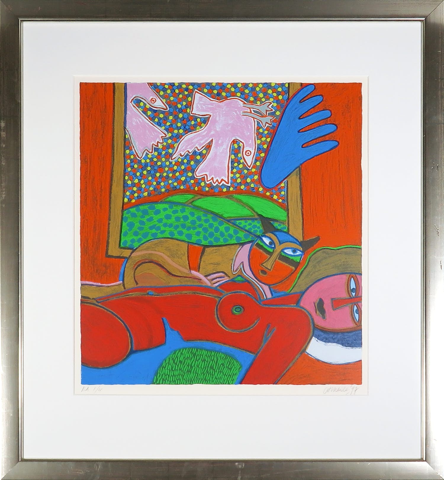 Corneille - Zeefdruk, Vrouwelijk naakt met kat en vogels - Ingelijst verkocht voor € 250!