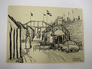 Ton Hoogendoorn - Nieuwe Haagse School - Inkt tekening "Scheveningen bad 1954" gesigneerd kopen? Bied vanaf 37!