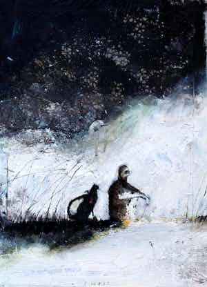 Chris Berens - gemengde techniek op doek: Alleen (in winterlandschap) verkocht voor € 1150!