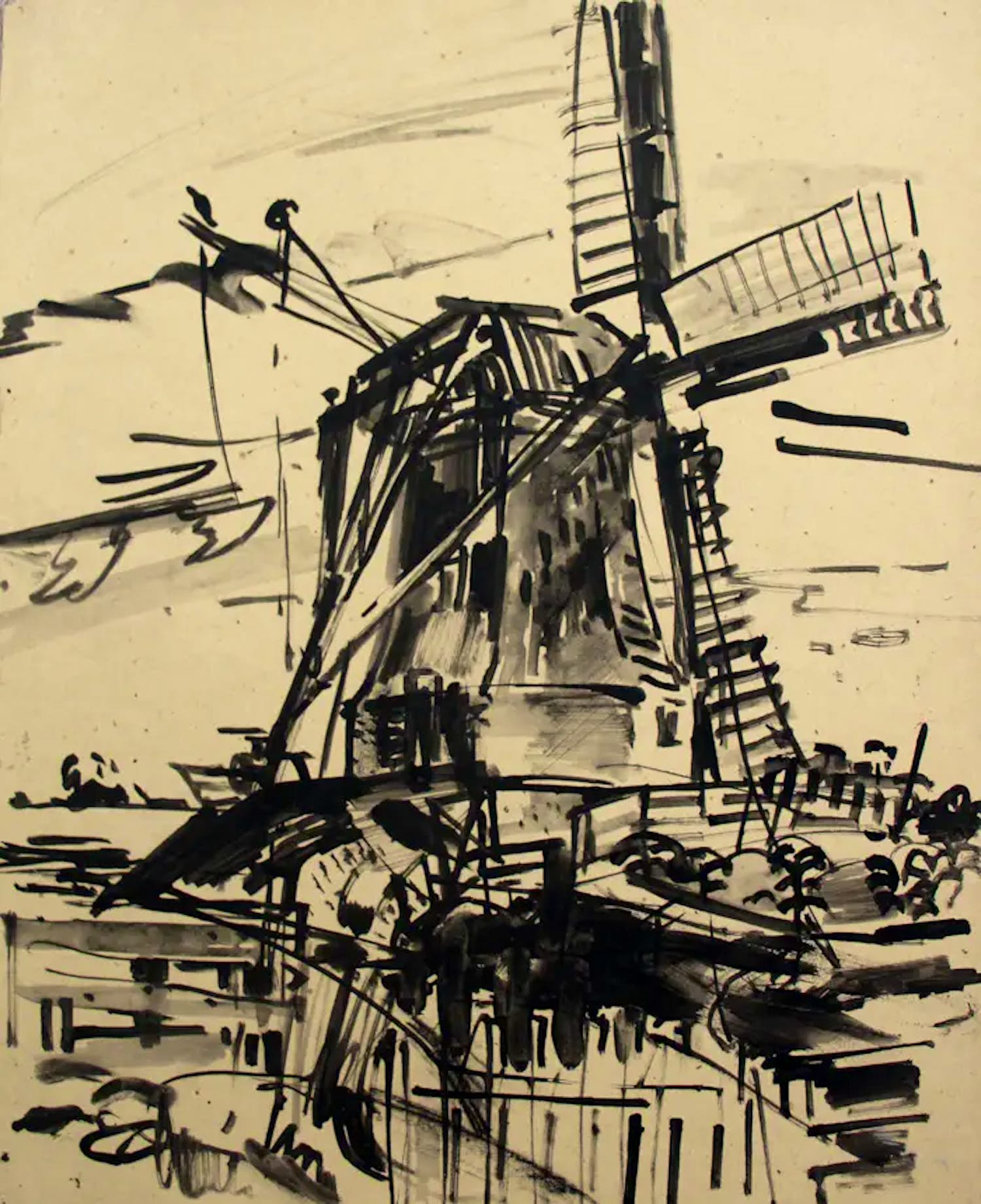 Jan Jordens - gemengde techniek op papier: Molen verkocht voor € 59!