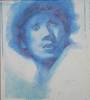 De Kunstfabriek - Rembrandt, zelfportret 4x in blauw - groot olieverfschilderij kopen? Bied vanaf 195!