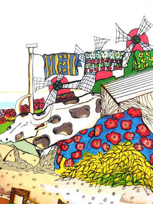 Patty Harpenau - Prachtige, unieke zeefdruk, zicht op de Hollandse kust.Mooie kleuren. kopen? Bied vanaf 125!