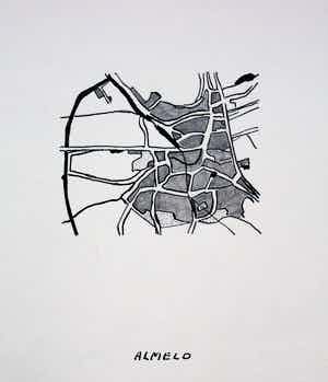 Eugene Brands - Oost-Indische inkt en potlood op papier: Almelo - 1971 verkocht voor € 295!