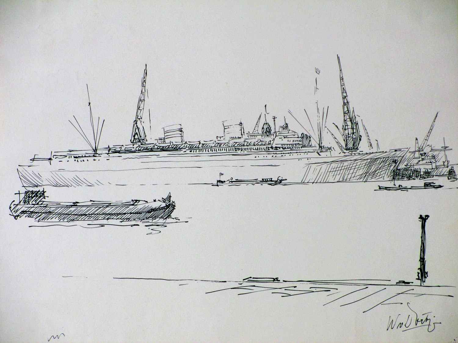 Willem van Dort - Cruiseschip HAL Rotterdam - Inkttekening verkocht voor € 40!