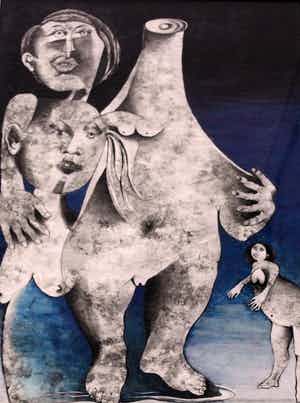 Ans Wortel - Grote ingelijste gouache: Buiten het lichaam geplaatst - 1964 verkocht voor € 395!