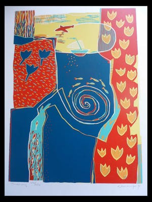 Diana van Hal - gesigneerde linosnede , Titel, "Onderweg". kopen? Bied vanaf 35!