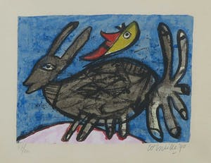 Corneille - Zeefdruk, Konijn op muziekpapier - Ingelijst kopen? Bied vanaf 120!