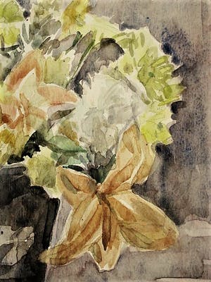 Ronald Terpstra - gesigneerd impressionistisch aquarel stilleven paars-gele bloemen kopen? Bied vanaf 30!