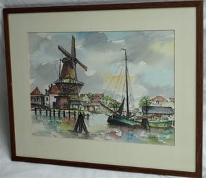 Niet of onleesbaar gesigneerd - Gesigneerd “Belleke ?” , Aquarel - “Molen aan de haven” – ingelijst kopen? Bied vanaf 10!