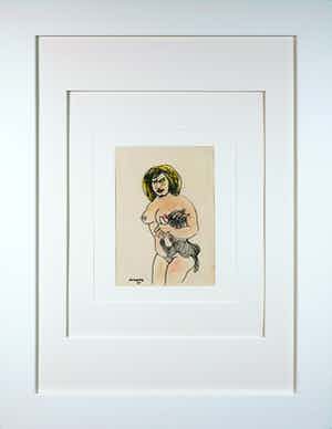 Corneille - Ingelijste pastel- en viltstifttekening, Femme et chat noir verkocht voor € 1!