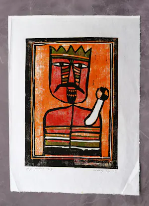 Ferenc Gogos - Grote in 1972 gemaakte kleuren hout/linosnede "Király" potloodgesigneerd kopen? Bied vanaf 48!