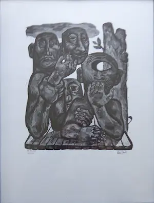 Lou Strik - DE VISITIE / ZW-W LINOSNEDE / 43x33cm / KADER / SIG kopen? Bied vanaf 25!